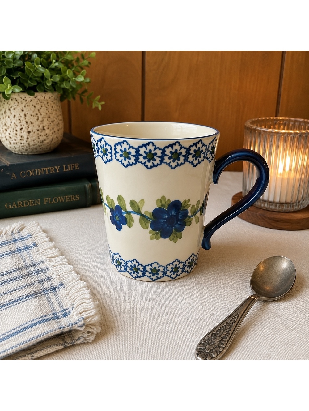 Vintage Floral Mug Tabletops Unlimited Nicolette Blue Green Ceramic Coffee Cup